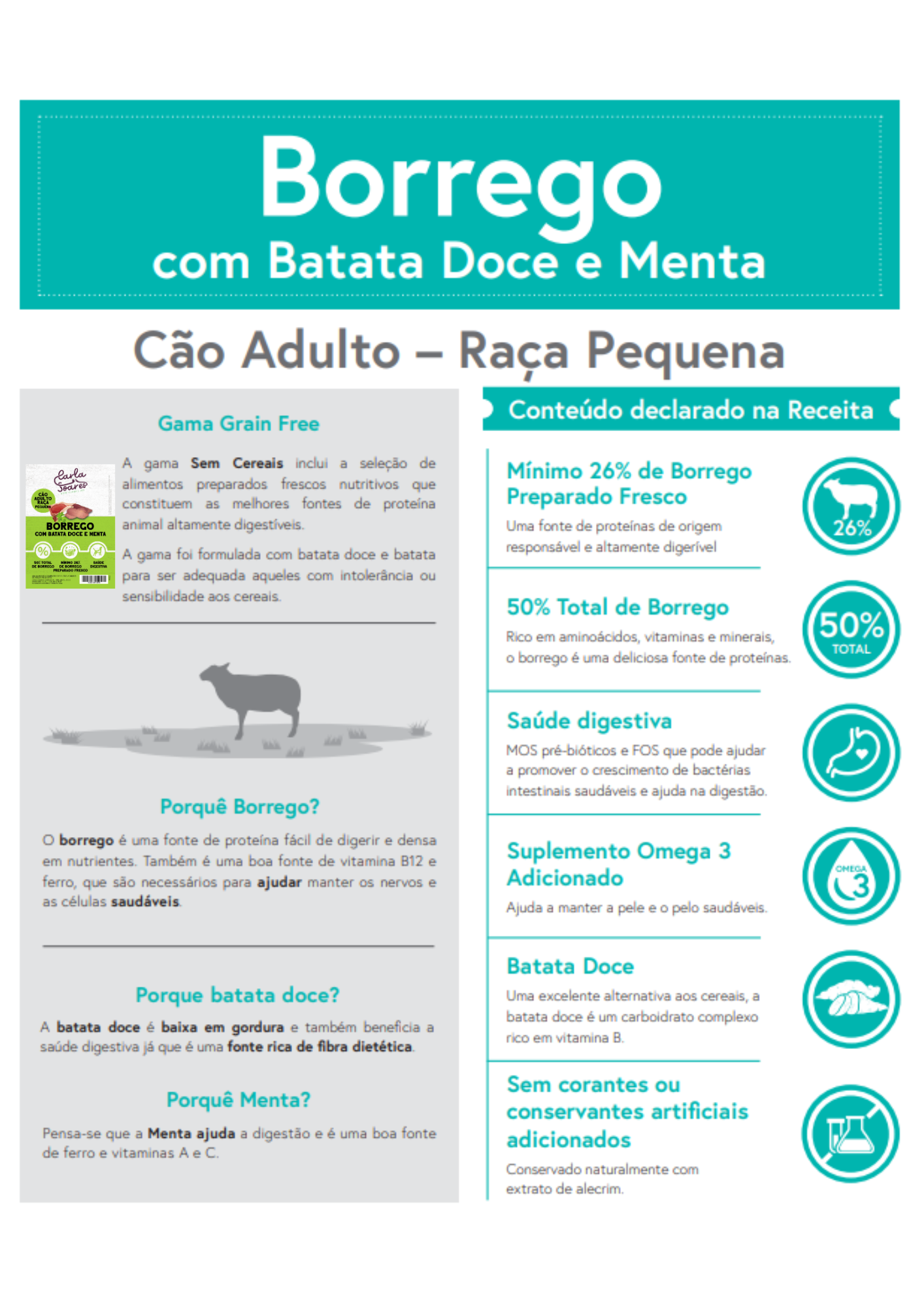 Ração Cão Adulto Raça Pequena. Borrego com batata doce e menta.