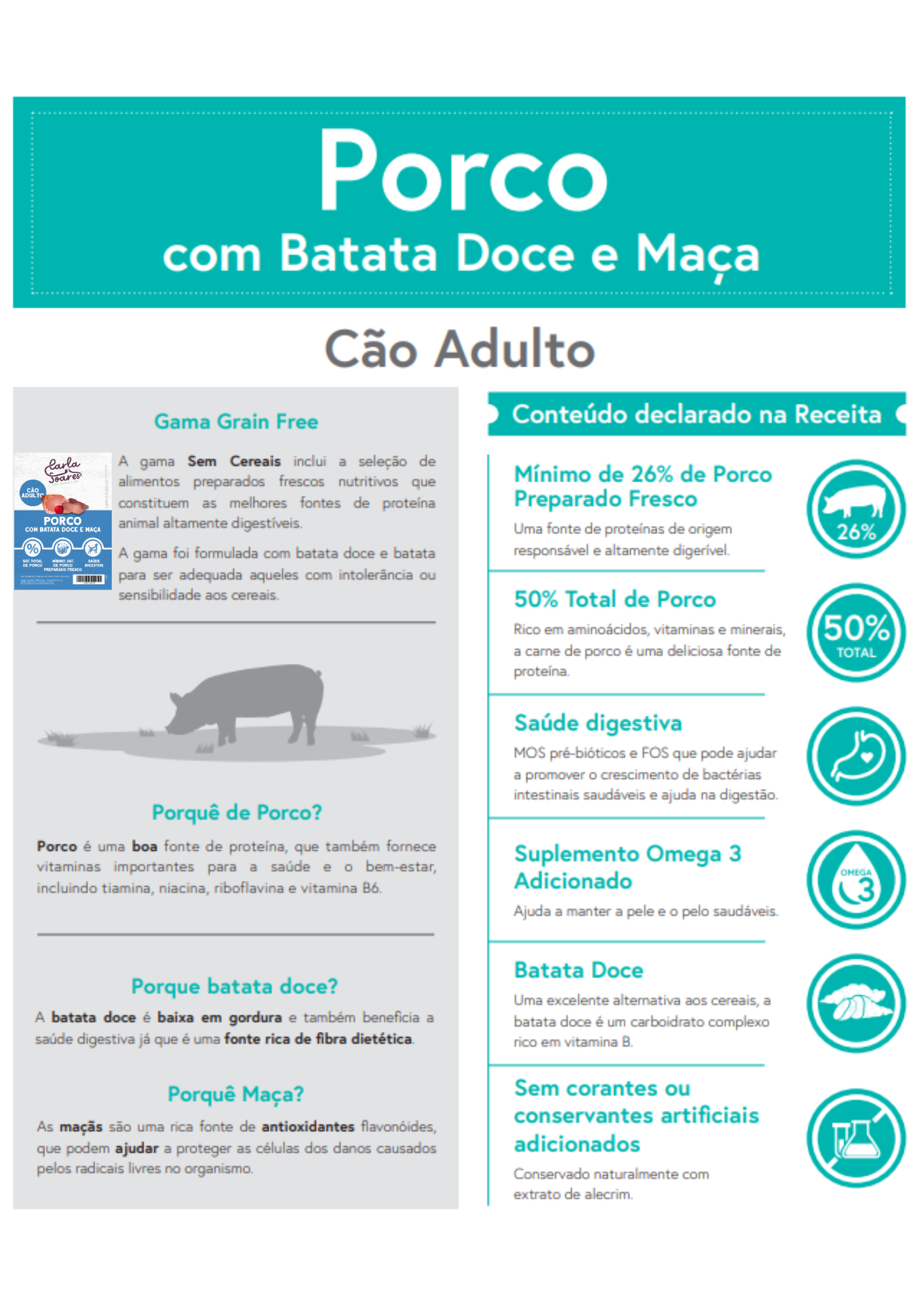 Ração Cão Adulto. Porco com batata doce e maça.