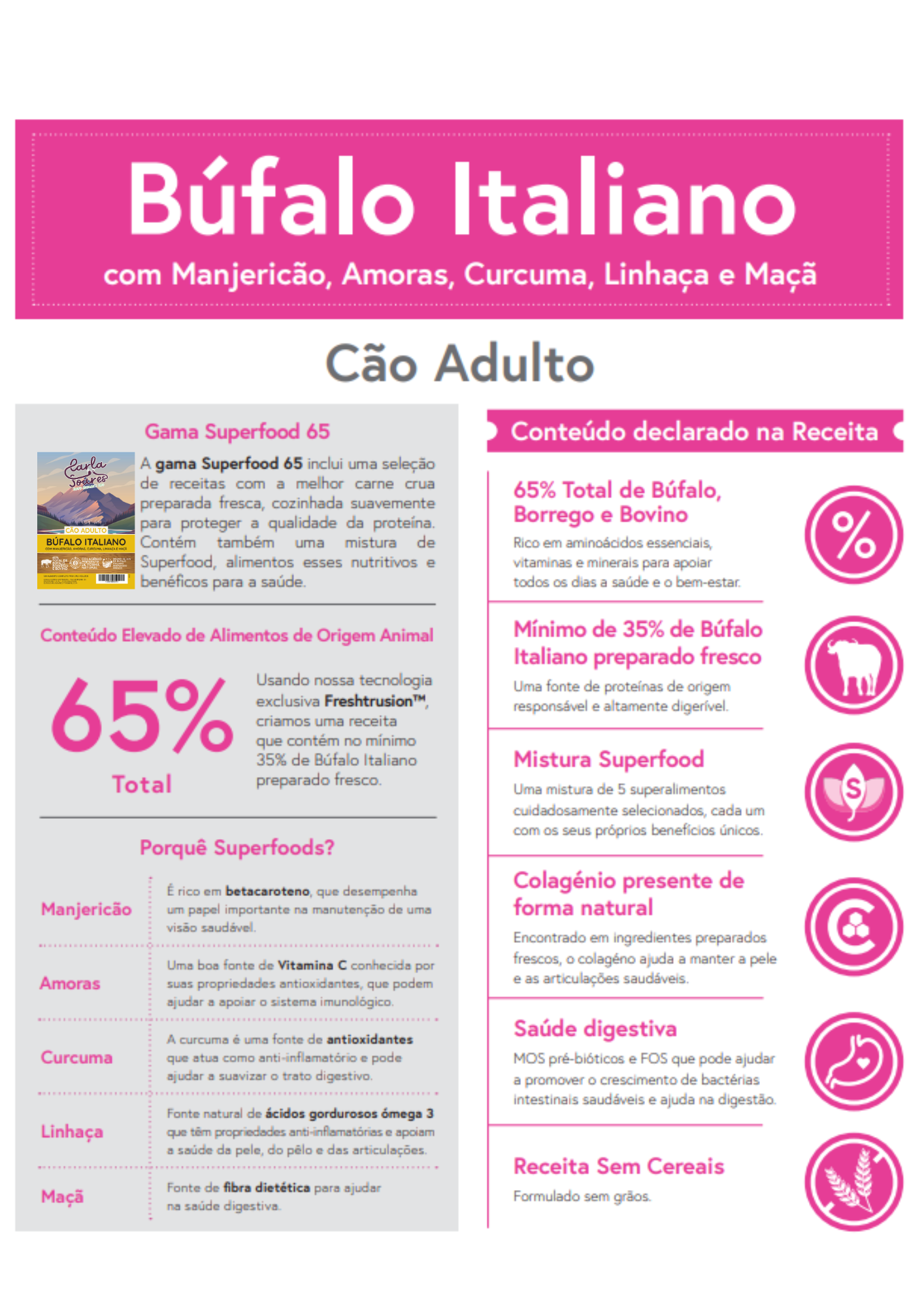 Ração Cão Adulto. Búfalo Italiano com Manjericão, Amoras, Cúrcuma, Linhaça e Maçã