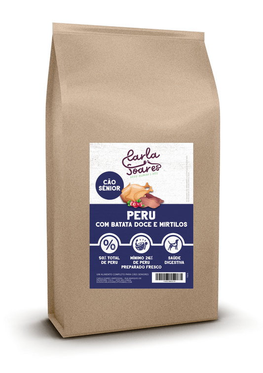 Ração Cão Senior. Peru com batata doce e mirtilos.