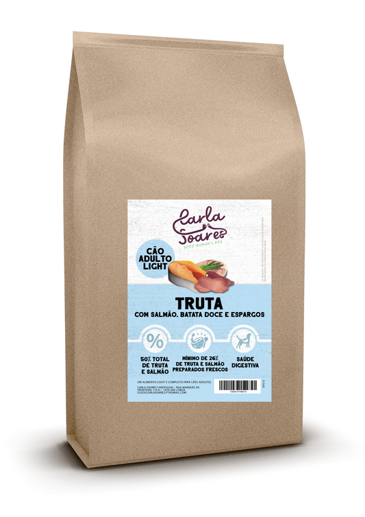 Ração Cão Adulto Light. Truta com salmão, batata doce e espargos.