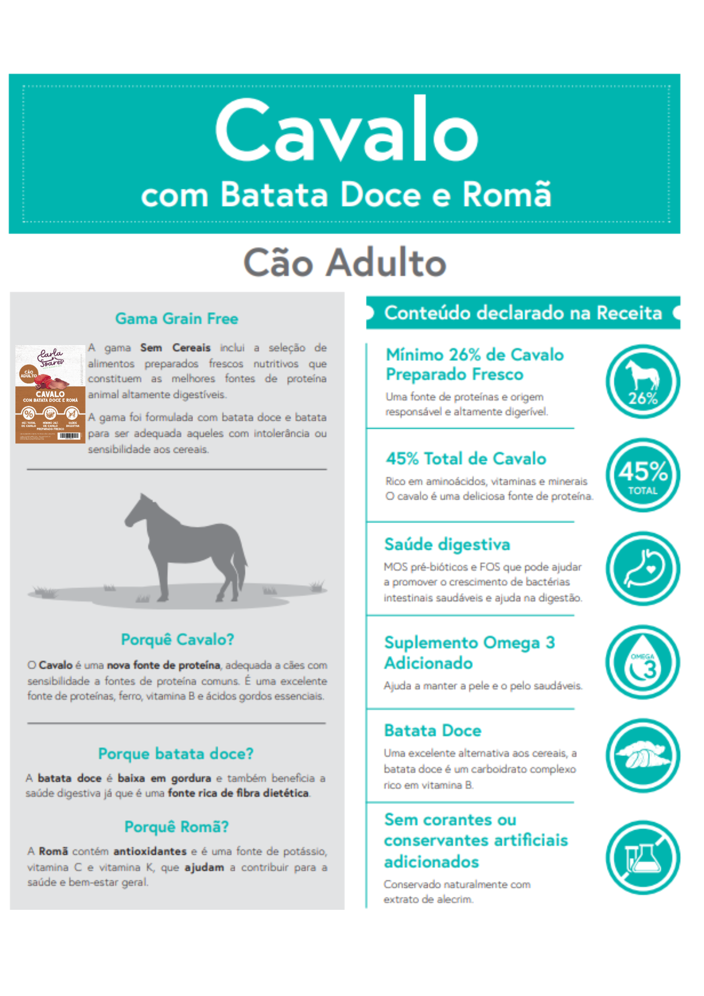 Ração Cão Adulto. Cavalo com batata doce e romã.