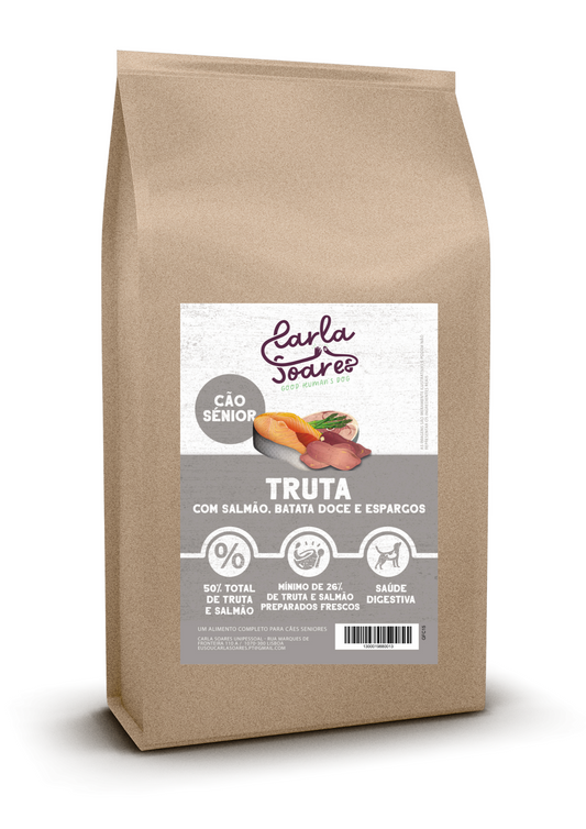 Ração Cão Senior. Truta com Salmão, Batata Doce e Espargos.