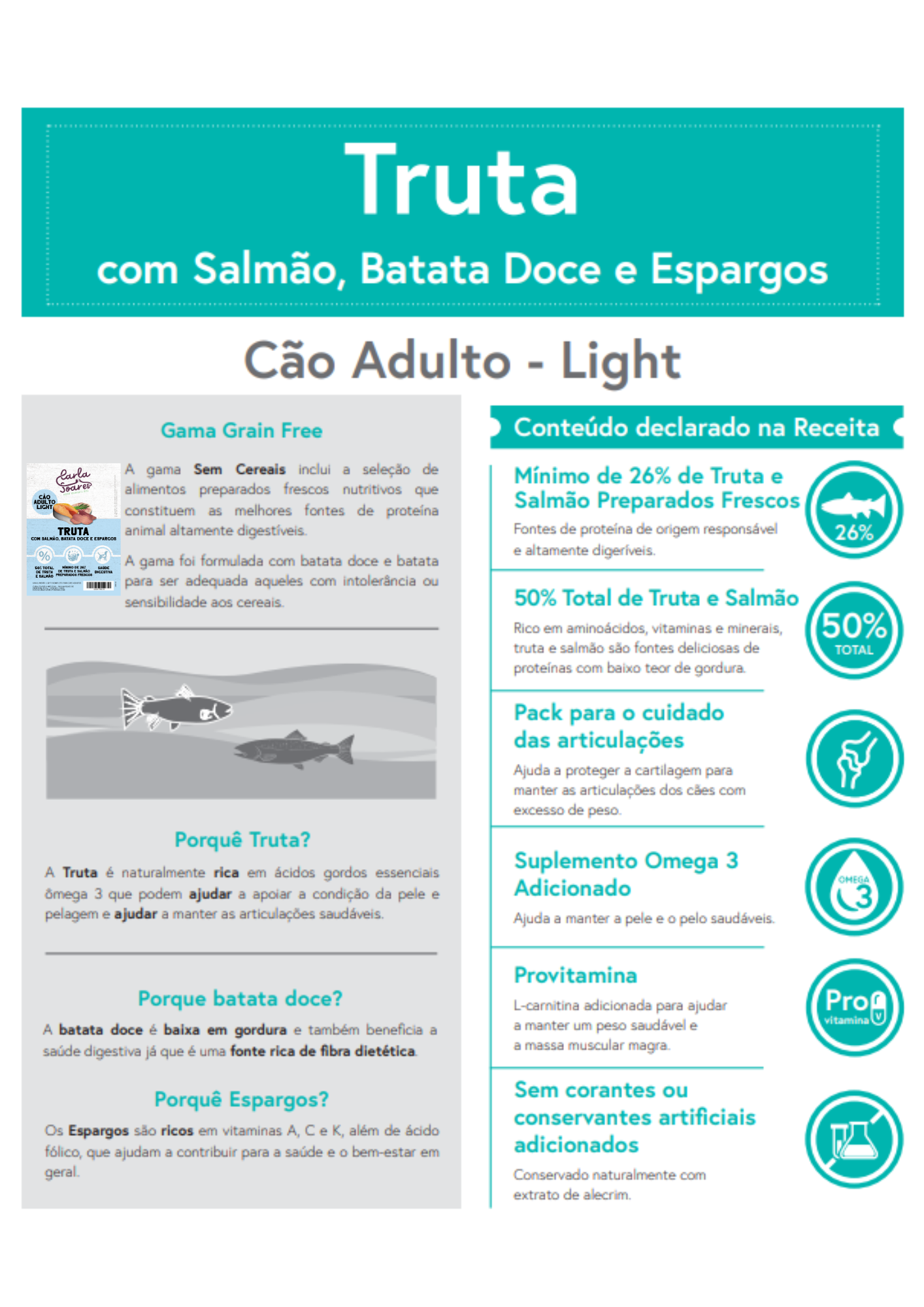 Ração Cão Adulto Light. Truta com salmão, batata doce e espargos.