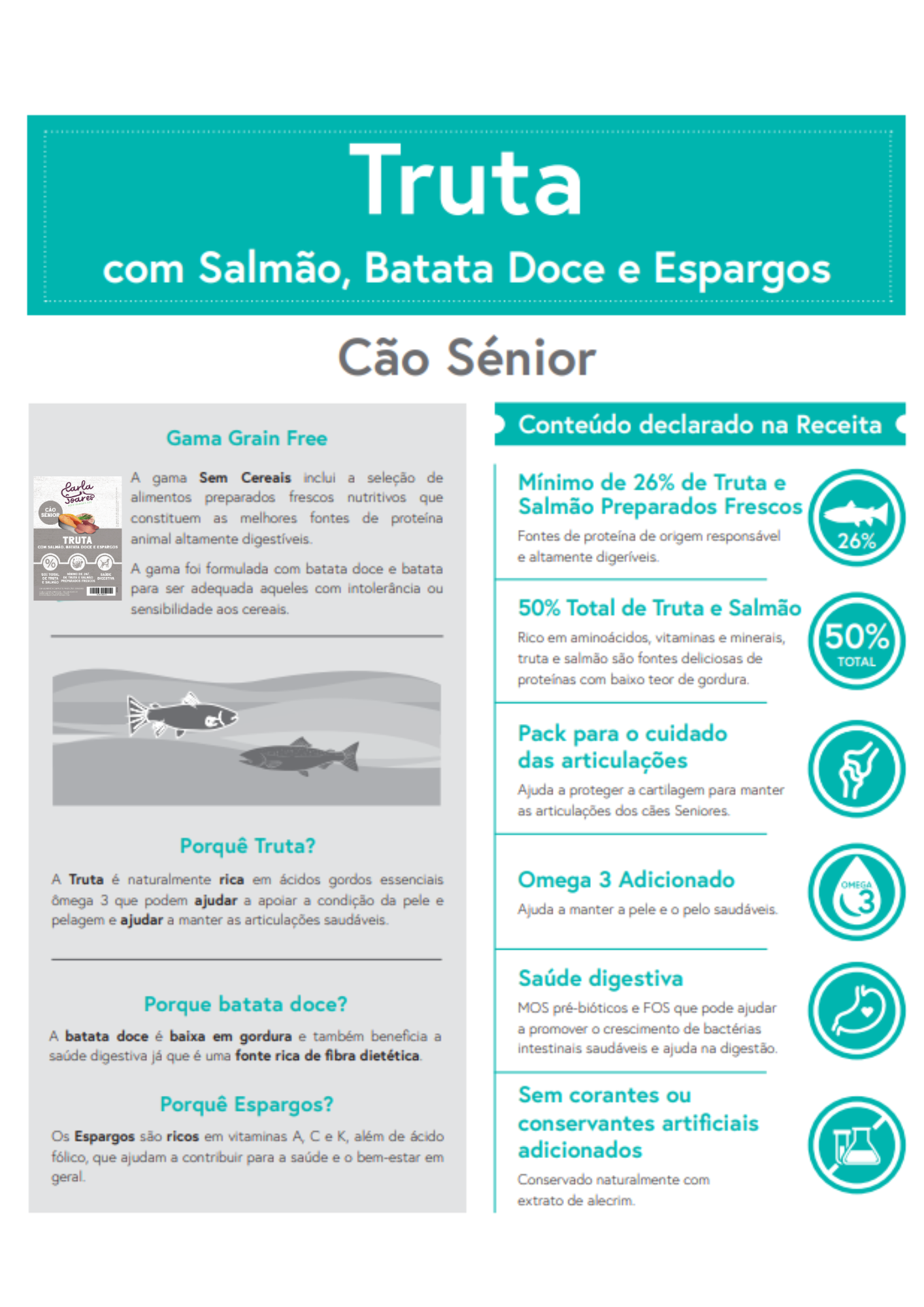 Ração Cão Senior. Truta com Salmão, Batata Doce e Espargos.